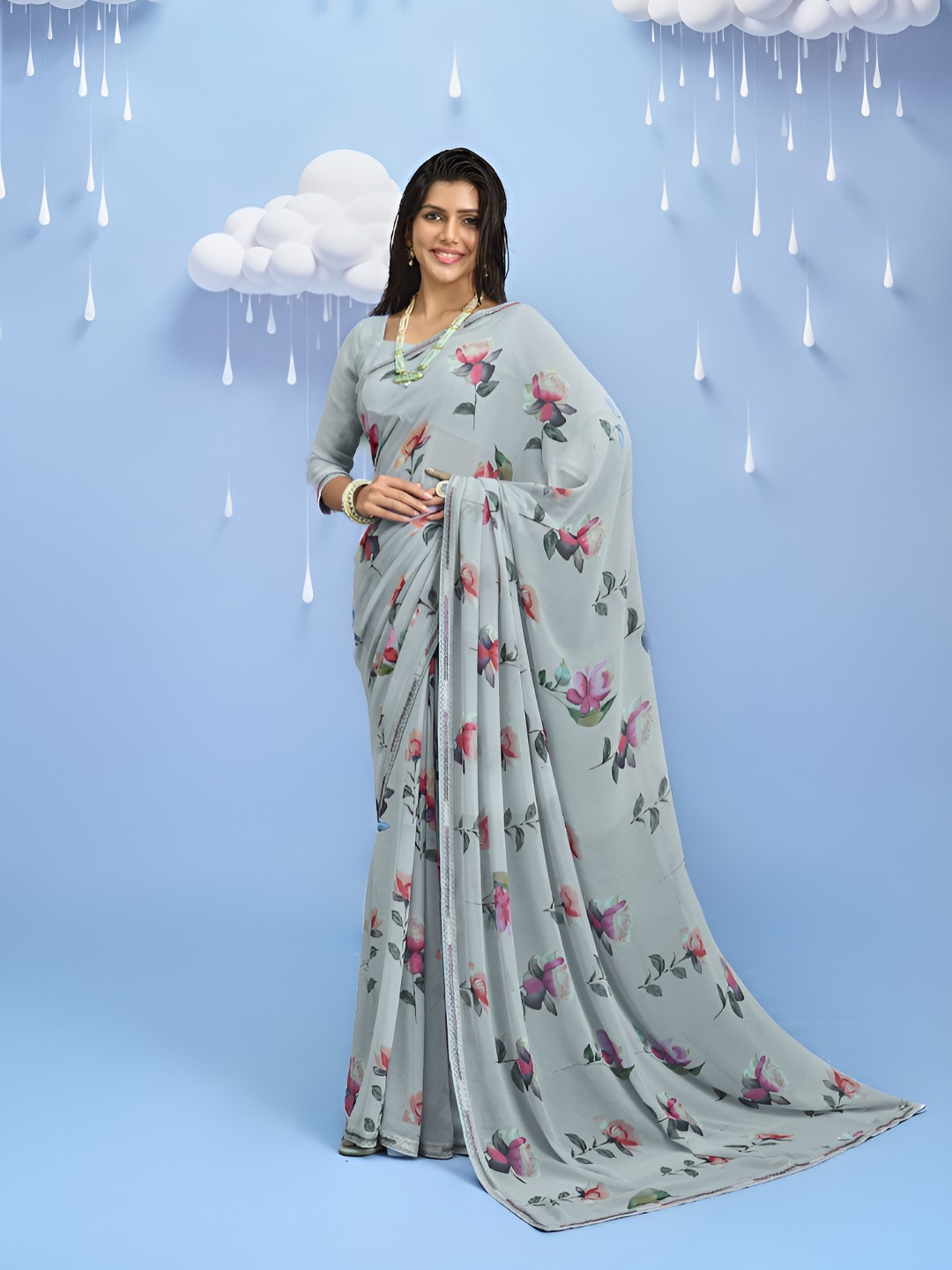 Laxmipati Sadhana Floral Printed Georgette Saree With Blouse Piece