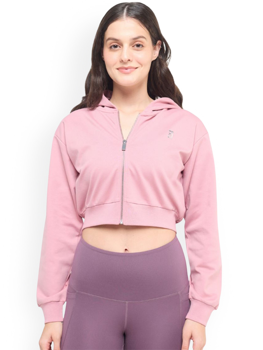 Hunnit Women Cotton Cropped Zip Up Hooded Jacket