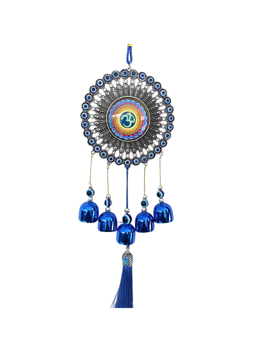 CraftVatika Grey & Blue Textured Om Evil Eye Windchimes