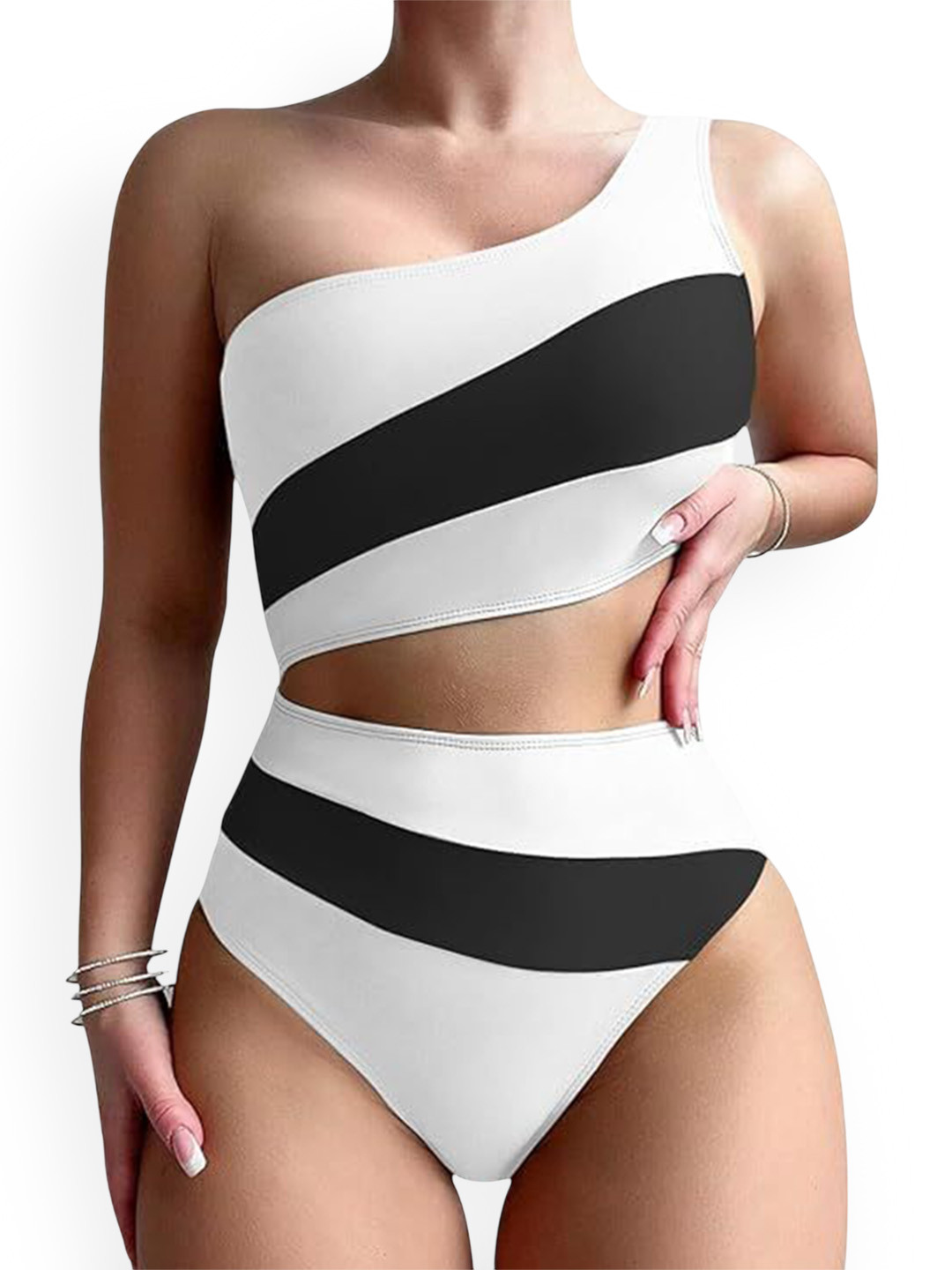 DREAM X FASHION Women Striped One Shoulder Cut-Out Bodysuit
