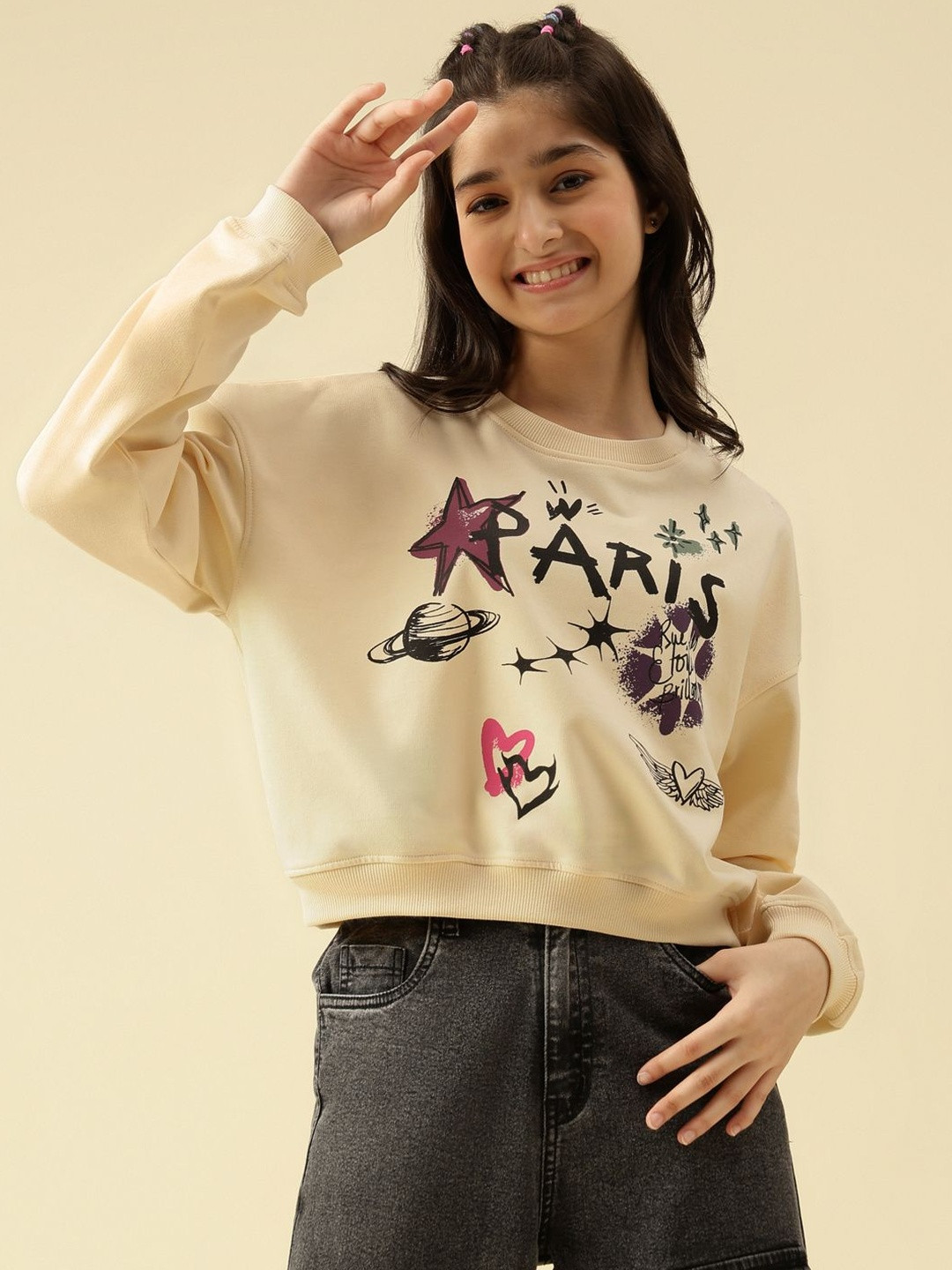 Lil Tomatoes Girls Cream Printed Sweatshirt