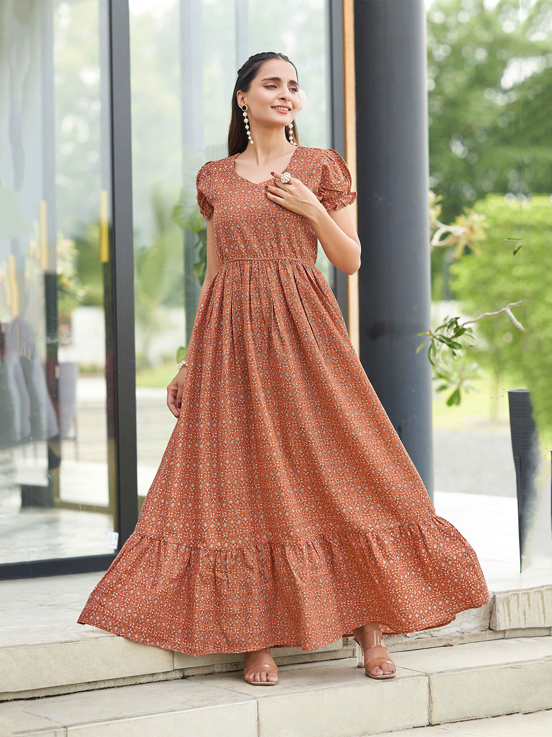 ODD BY chansi TRENDZ Women Ethnic Motifs Print Puff Sleeve Fit & Flare Maxi Dress