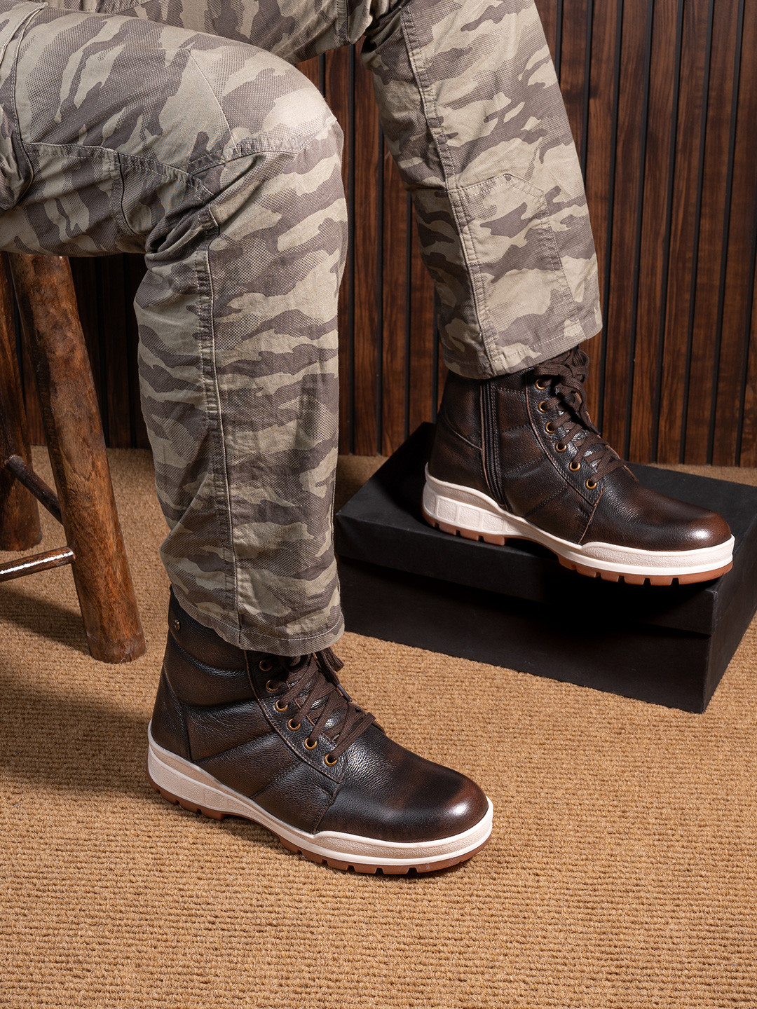 Delize Men Round Toe Leather Derby Ankle Boots