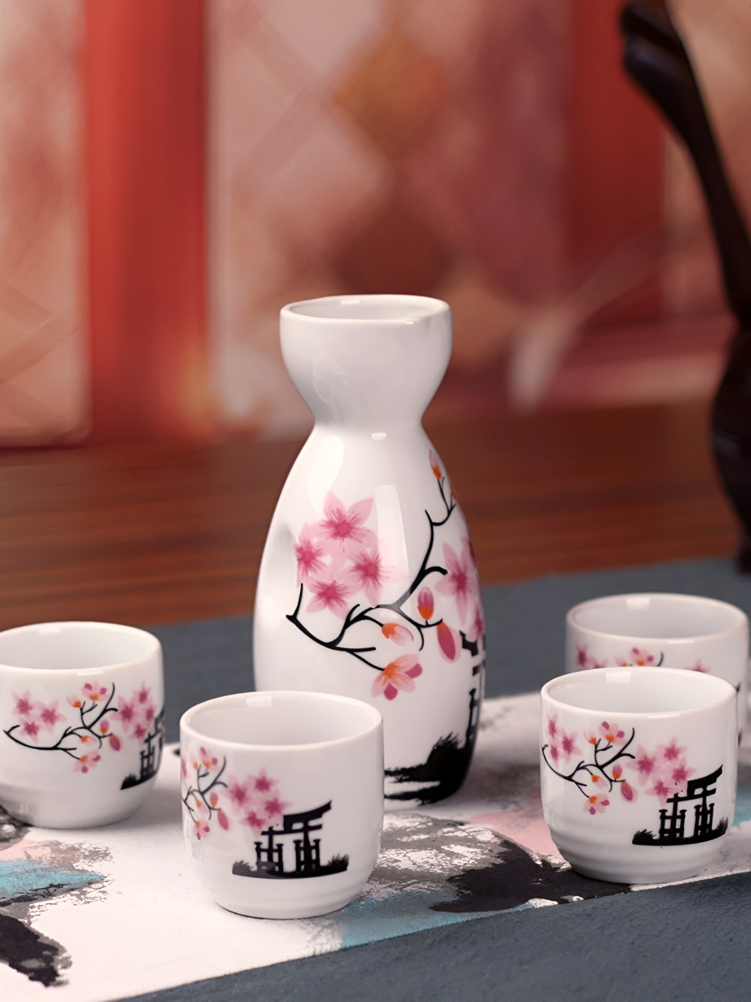 MELBIFY White & Pink 5 Pieces Floral Printed Easy To Clean Ceramic Glossy Cups And Mugs