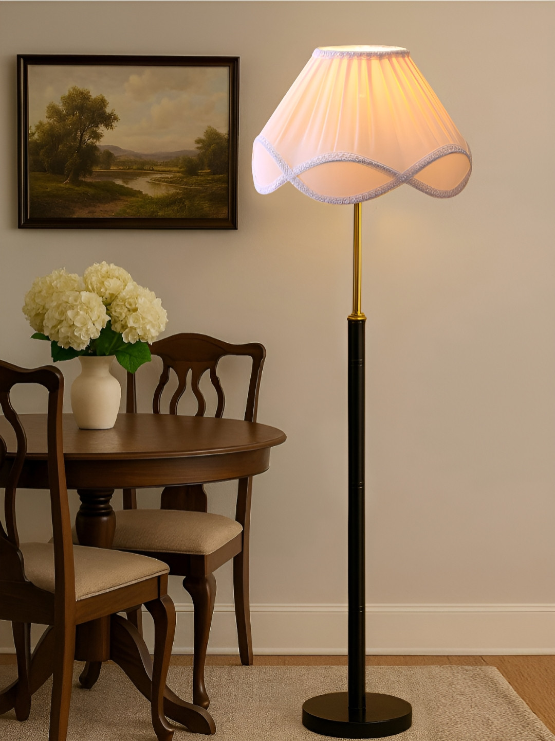 Devansh Off-White & Black Vintage Pleated Cotton Shade With Wooden Base Floor Lamp