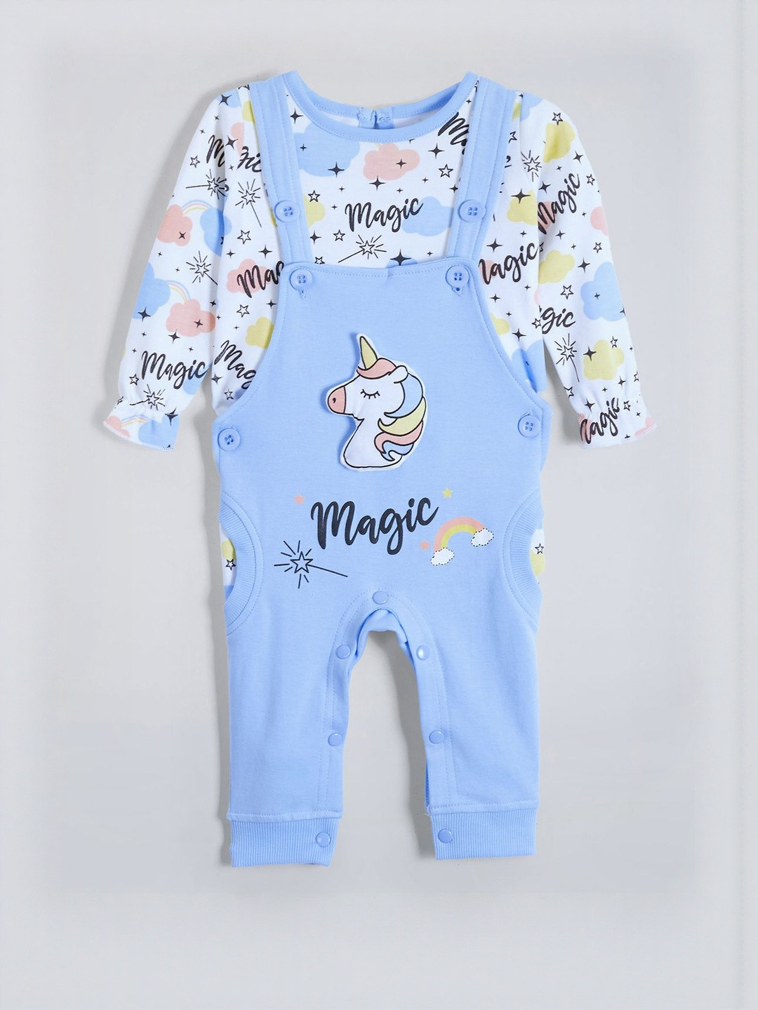 Hopscotch Unisex Kids White & Blue Pure Cotton Printed T-shirt Overall Clothing Set