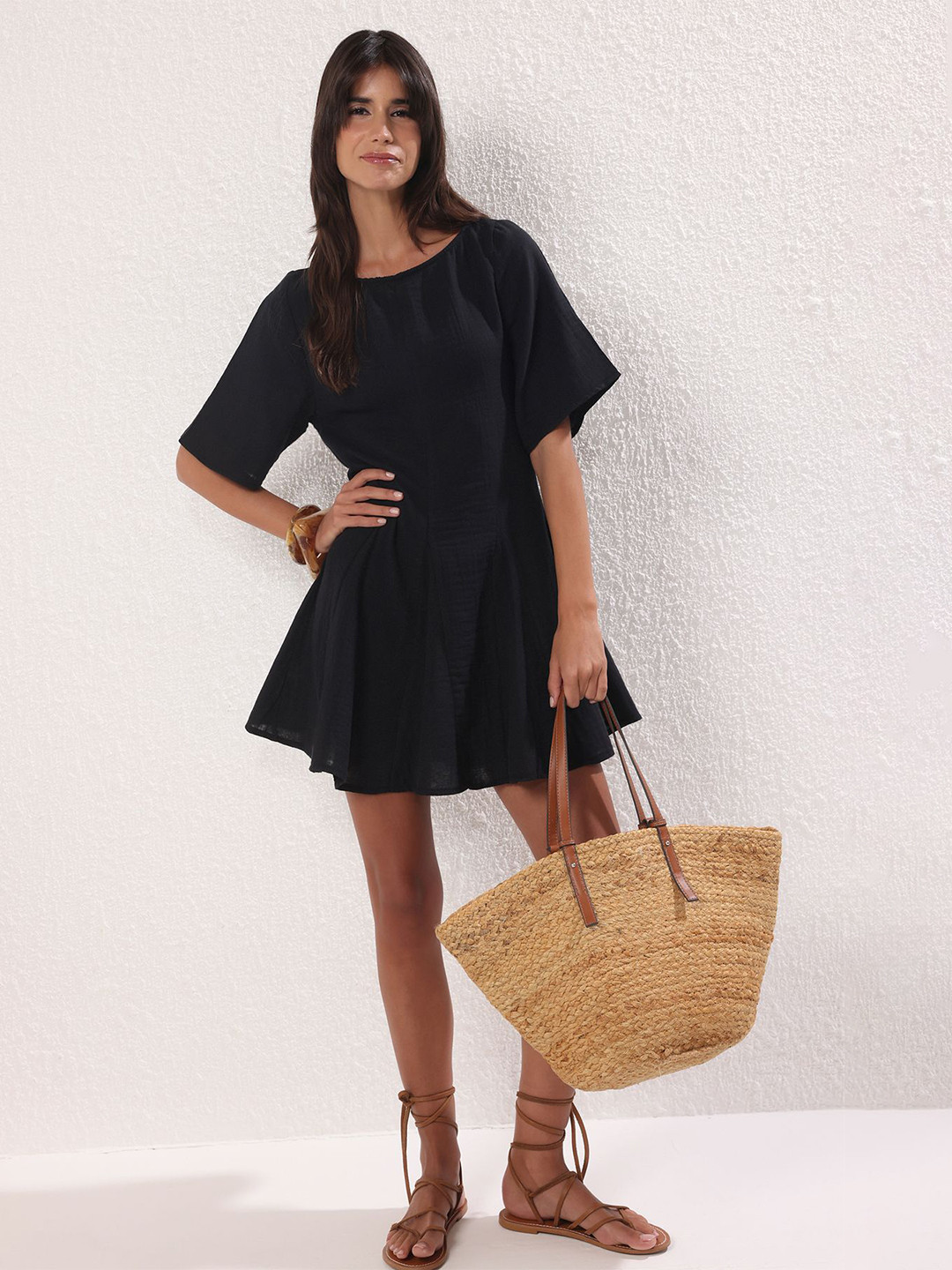 Trendyol Women Solid Round Neck Fit and Flare Cotton Above Knee Dresses