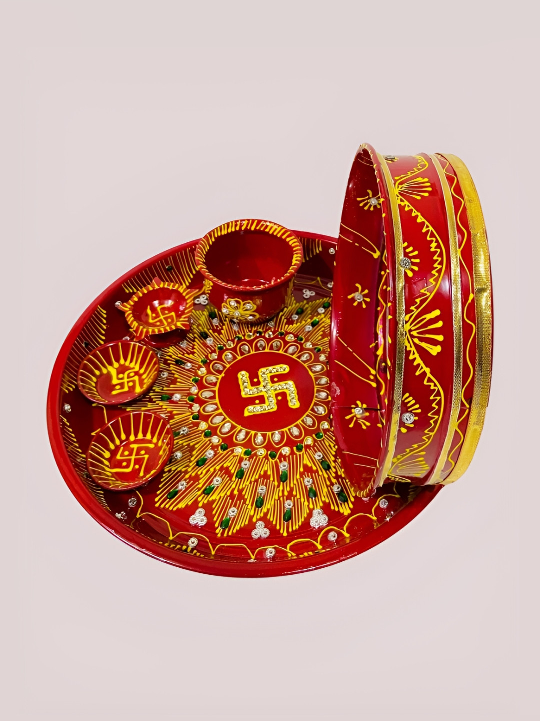 BAISA Karwa Chauth 6Pcs Red & Yellow Textured Metal Pooja Thali Set