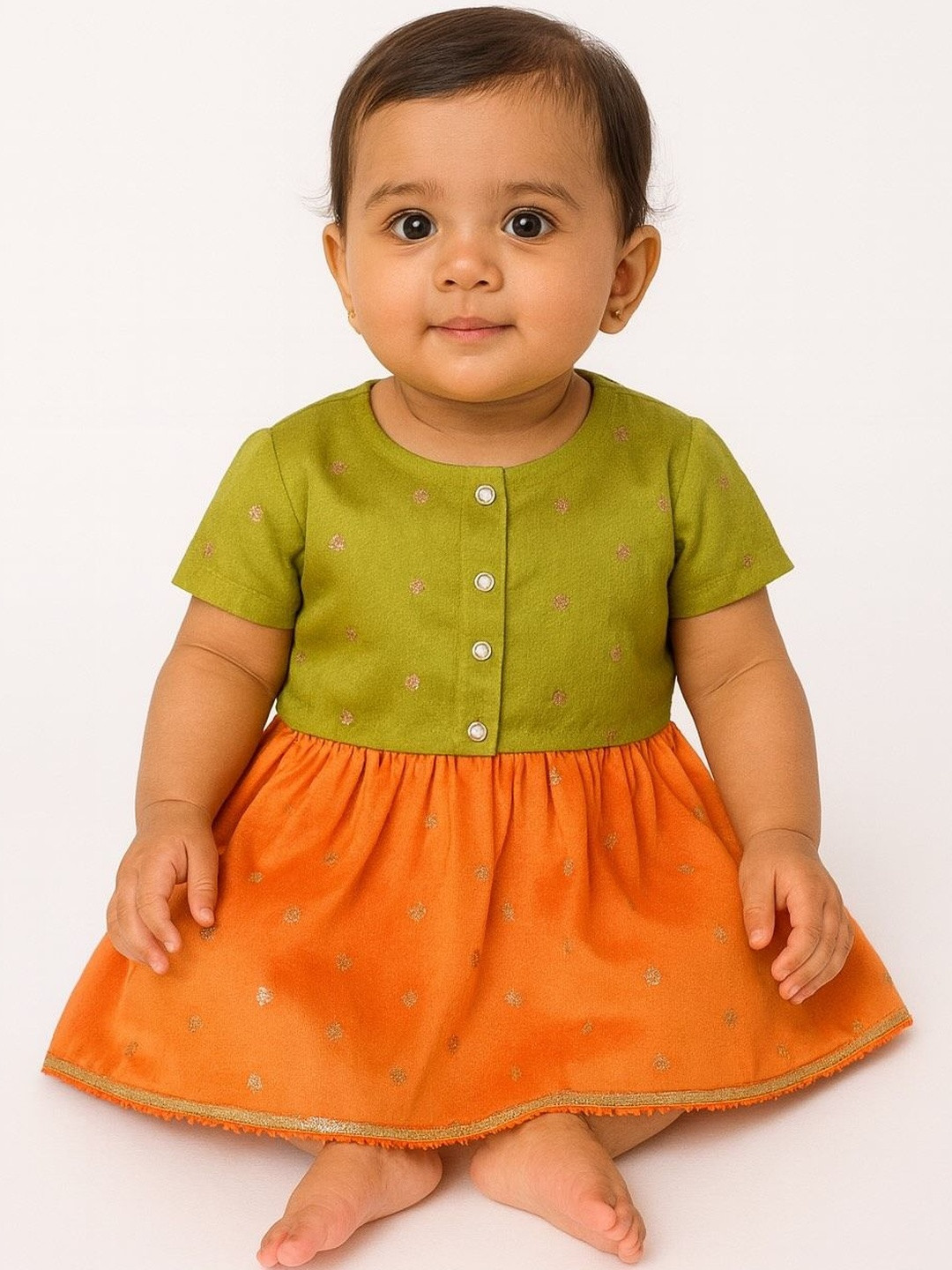 Sangria Baby Girl Orange Zari Lehenga & Green Blouse Set
