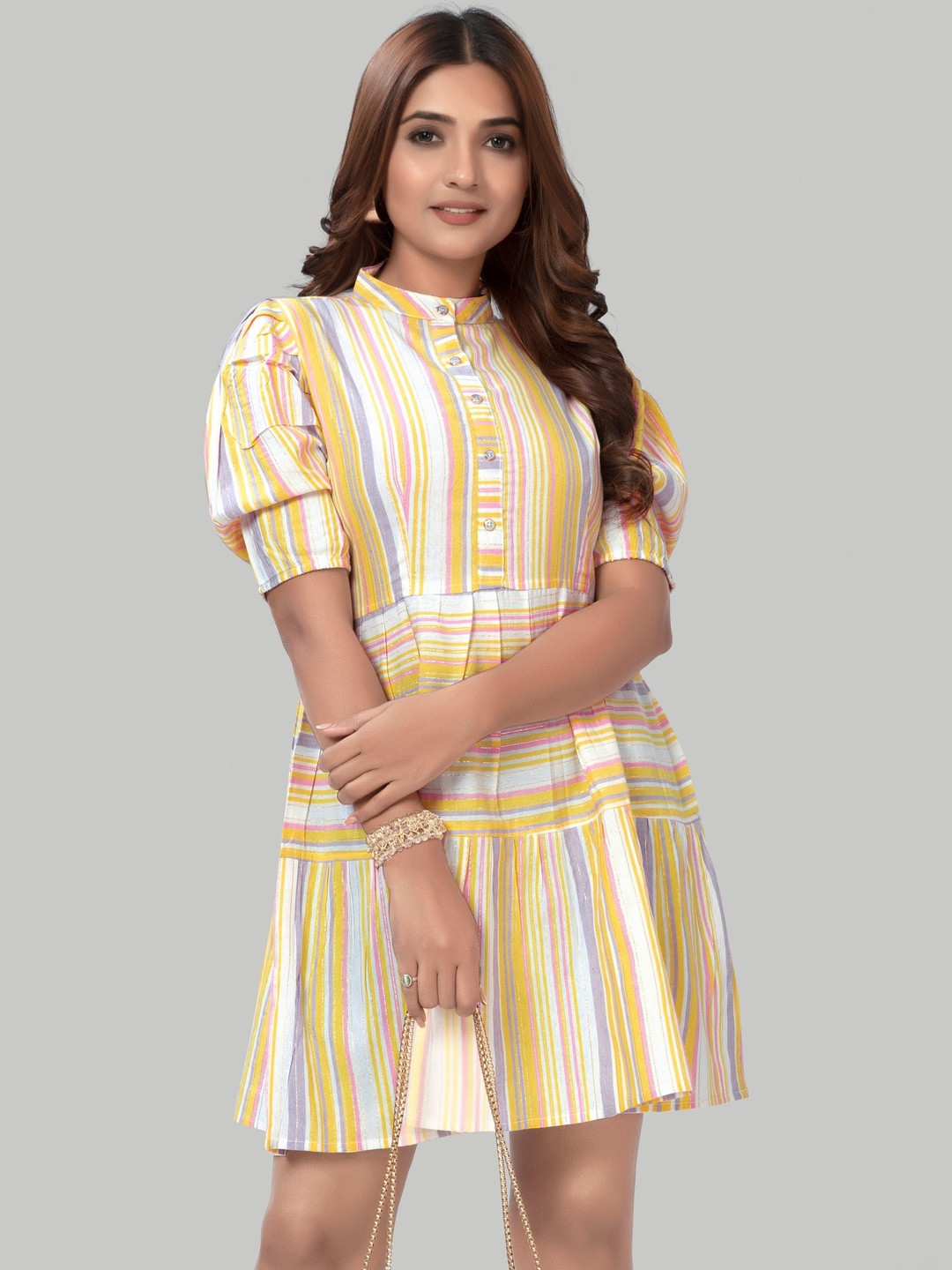 HIALTO Women Yellow & Purple Striped Puff Sleeve Fit & Flare Dress