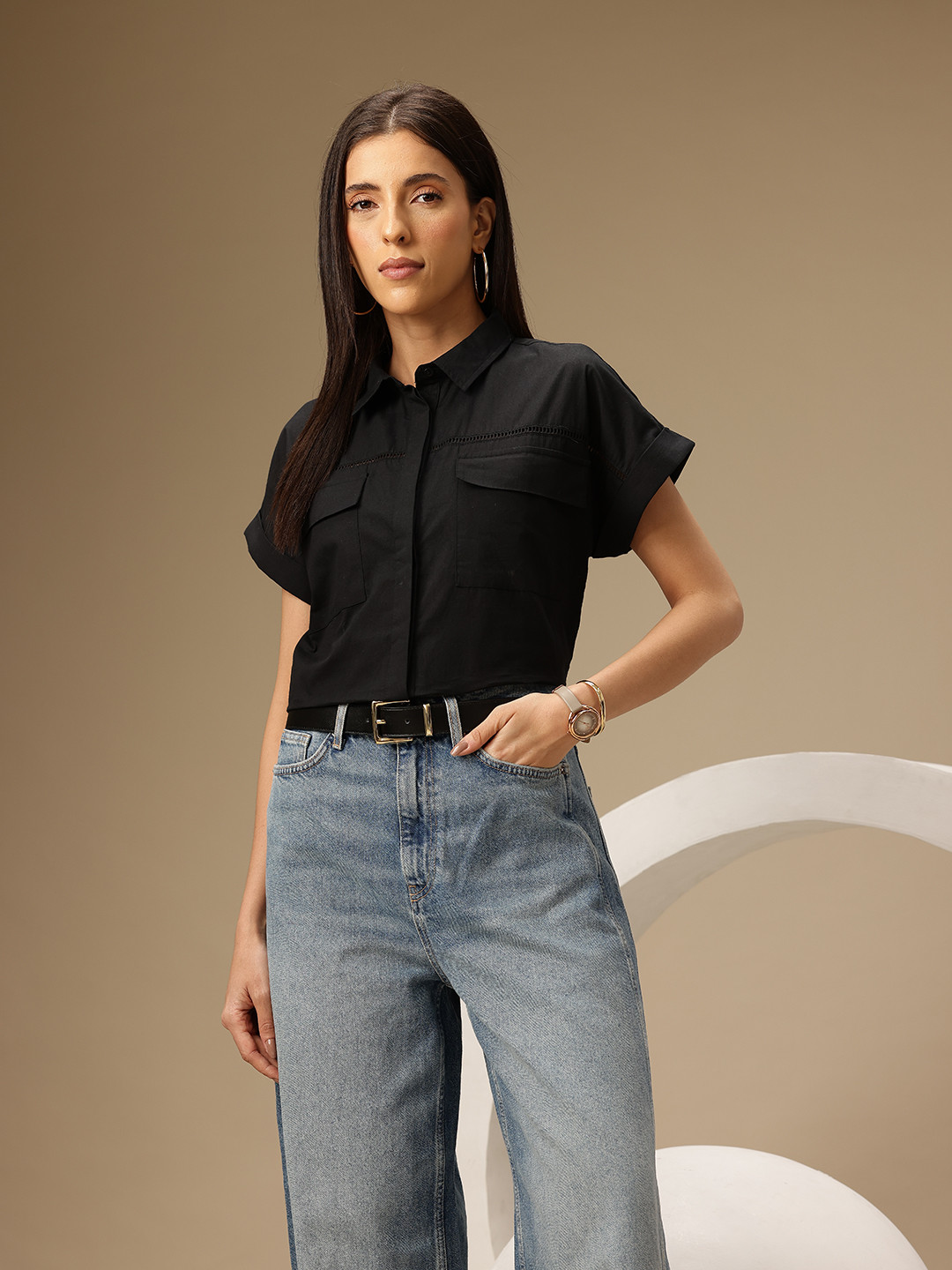 Chemistry Casual Lace Insert Extended Sleeves Pure Cotton Shirt