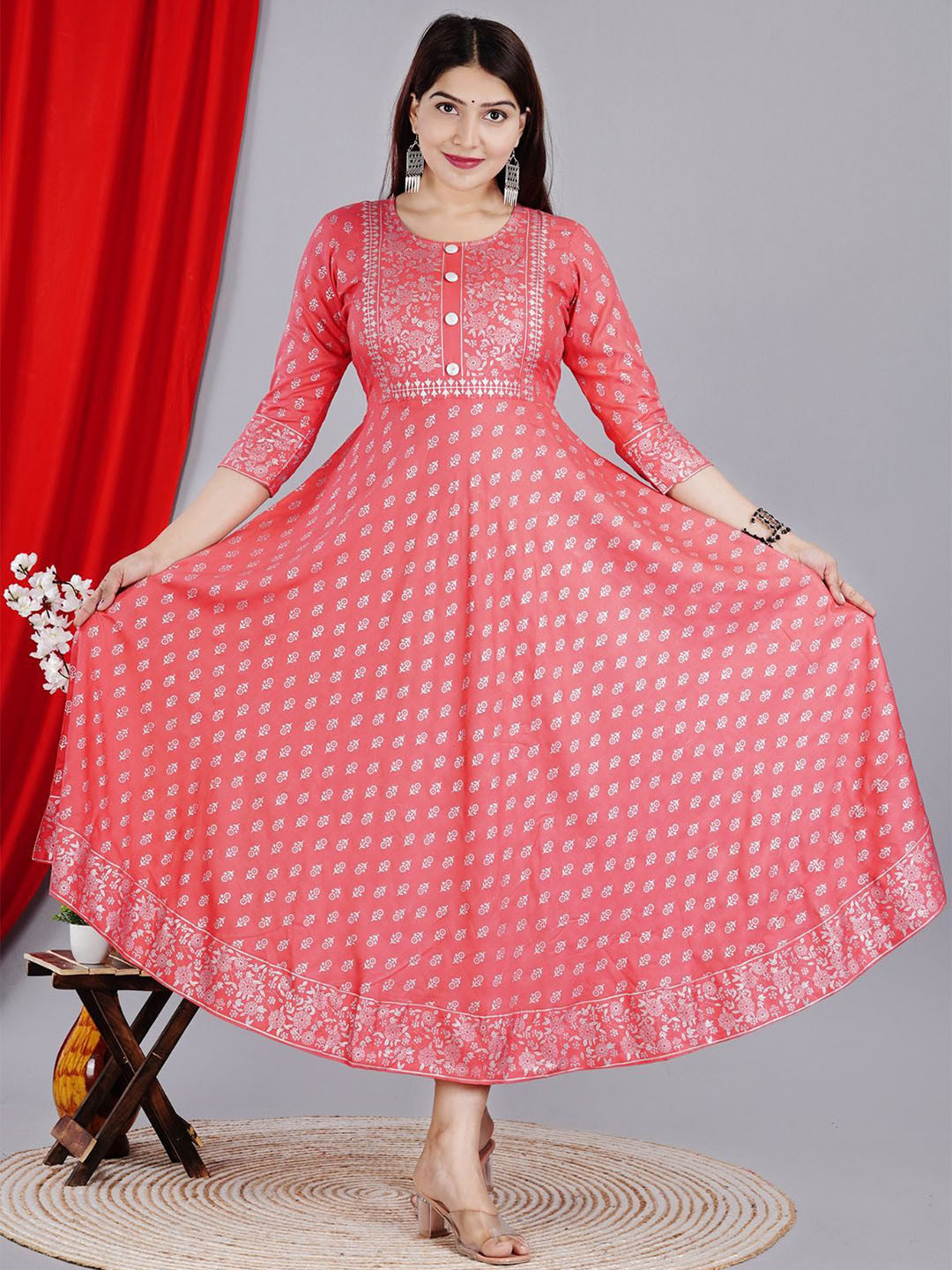 NANERA Women Floral Printed Gown Maxi Anarkali Kurta Ethnic Dress