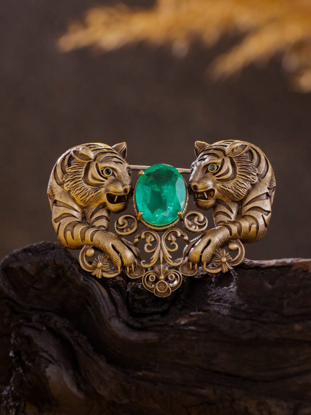 COSA NOSTRAA Men Artificial Stones Studded Twin Tiger Statement Brooch