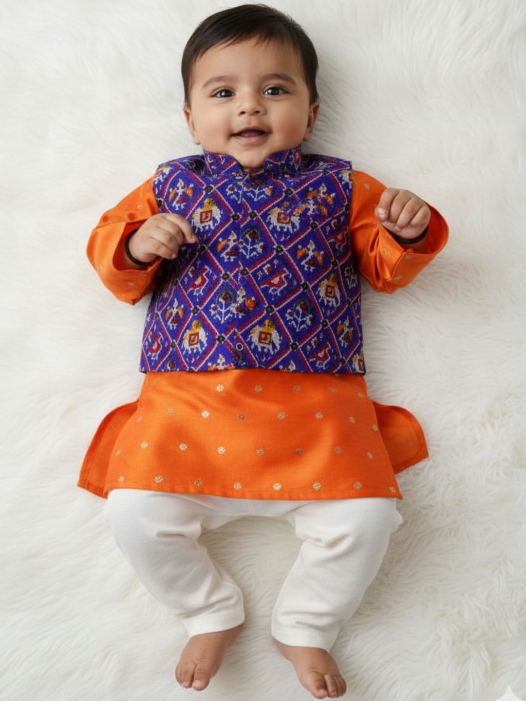 Sangria Boys Orange Zari Work Kurta & Pyjamas With Printed Waistcoat Set