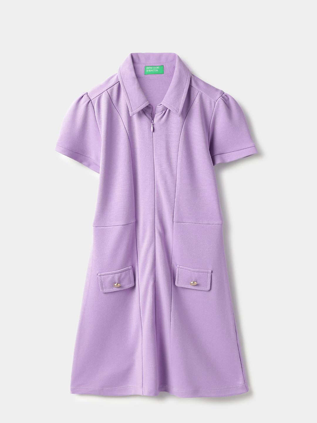 United Colors of Benetton Girls Solid Regular Fit Polo Neck Gold Button Interlock Dress