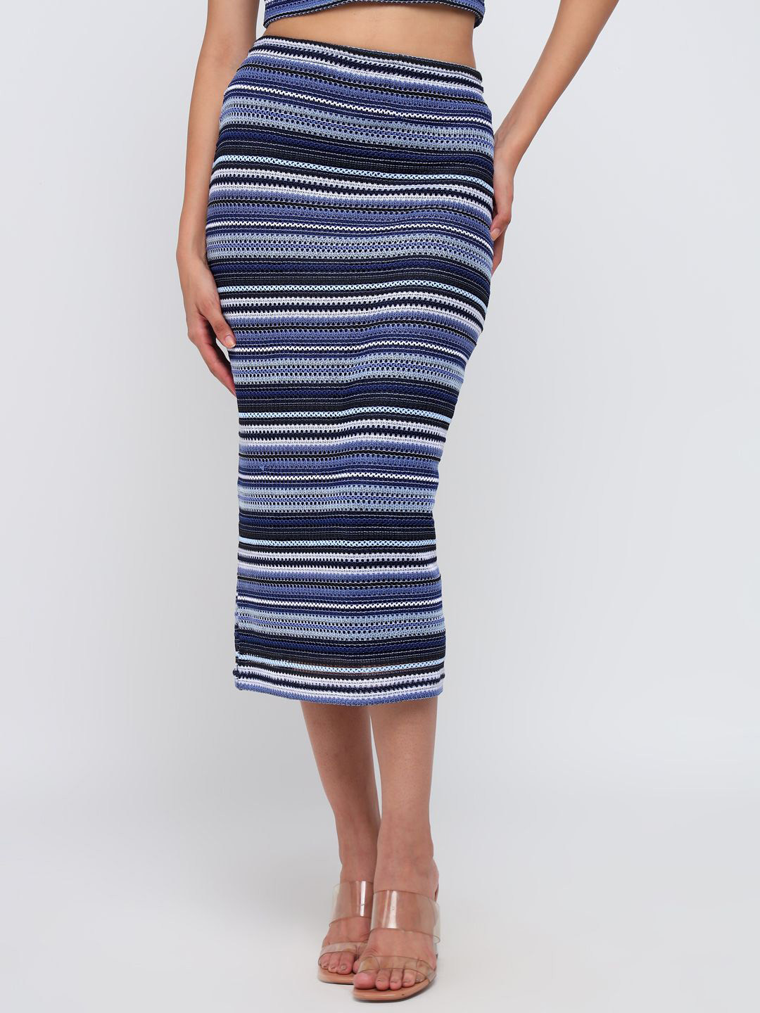 COVER STORY Women Striped Nautical Knit Pencil Midi Skirt