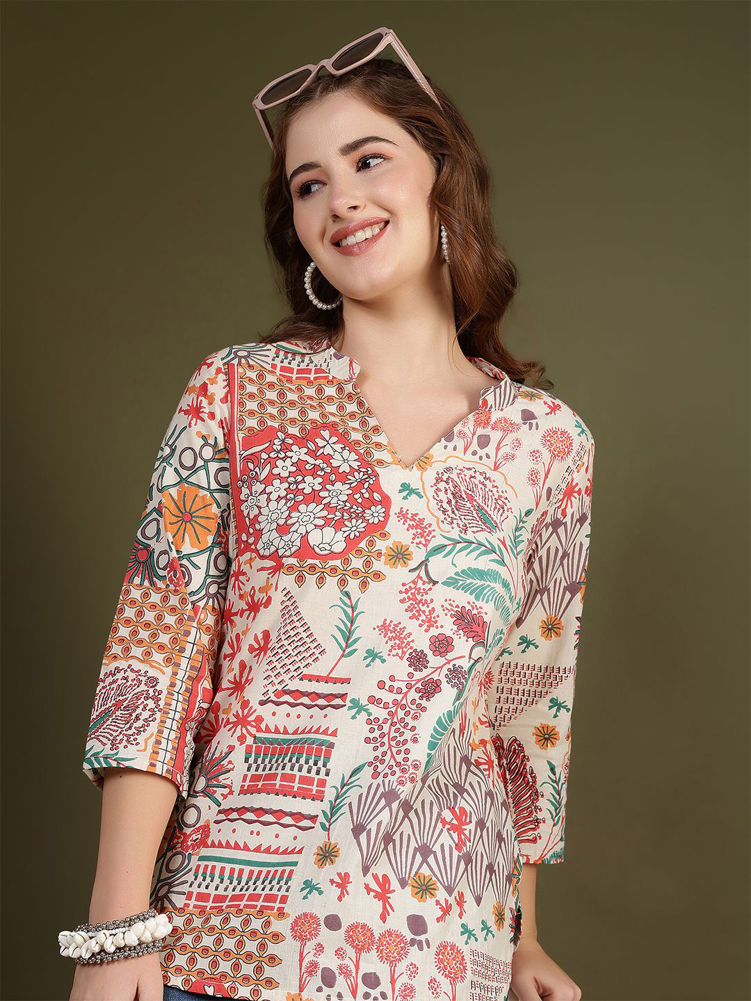 KALAMIR Ethnic Motifs Printed Mandarin Collar Cotton Shirt Style Top