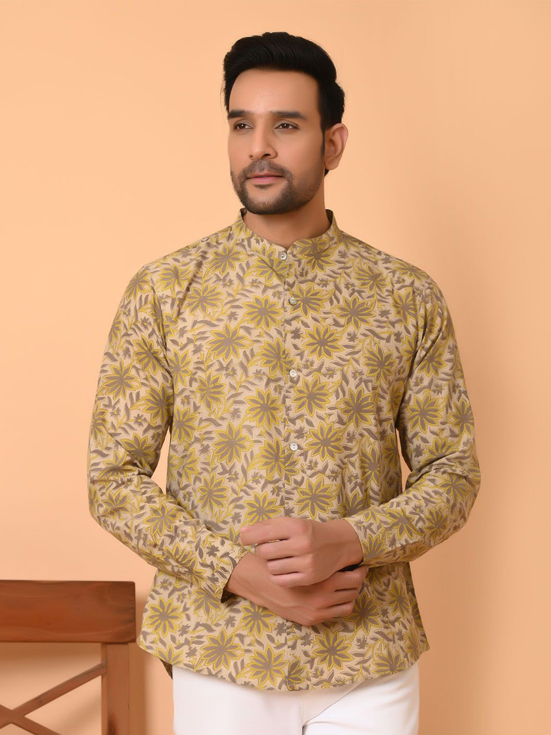 GOODHAND Men Ethnic Motifs Printed Band Collar Cotton Short Kurta