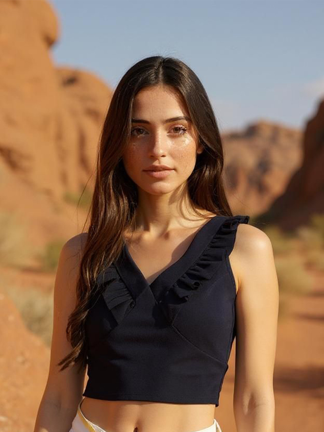 ZYNG Women Solid Ruffles V-Neck Navy Blue Crop Top