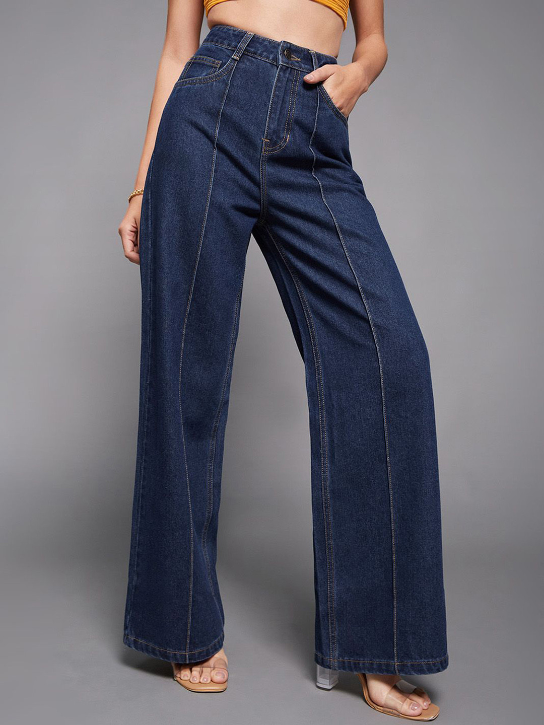 Miss Chase Women Panelled Wide Leg High-Rise Light Fade Jeans