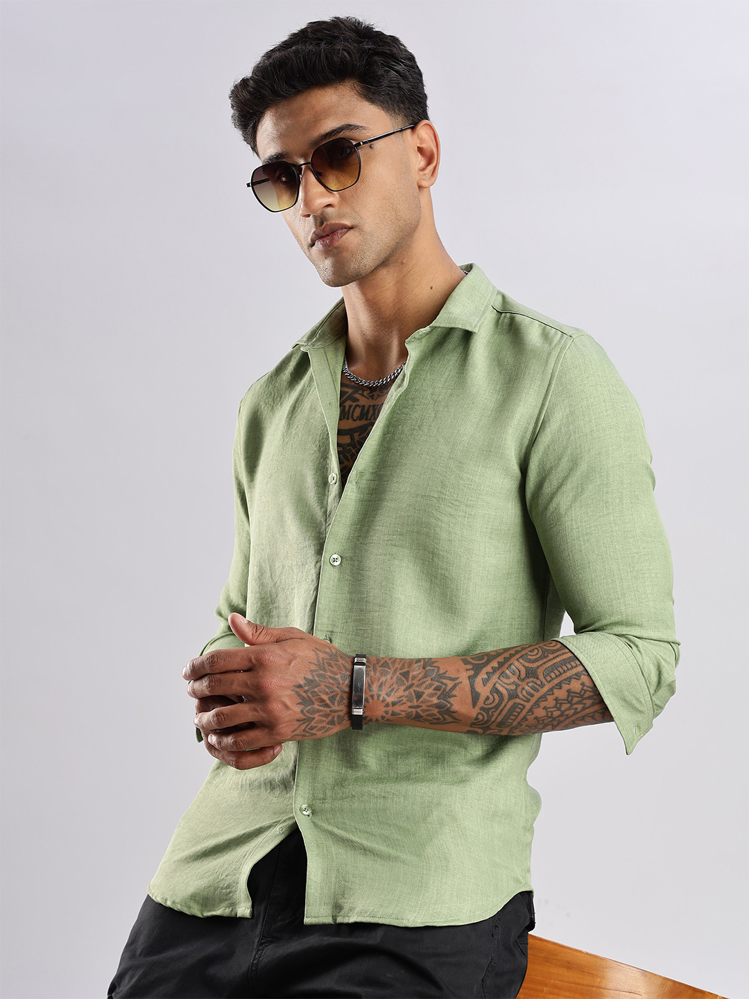 NEVER NEUD Men Air Linen Like Regular Slim Fit Casual Shirt