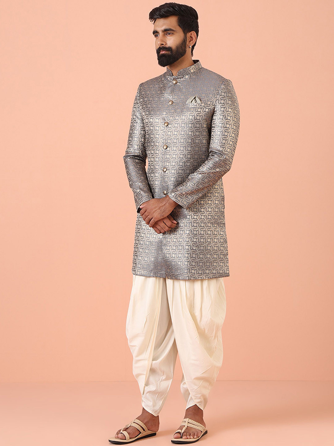 KISAH Men Mandarin Collar Regular Fit Self Design Indowestern Sherwani Dhoti Pant Set