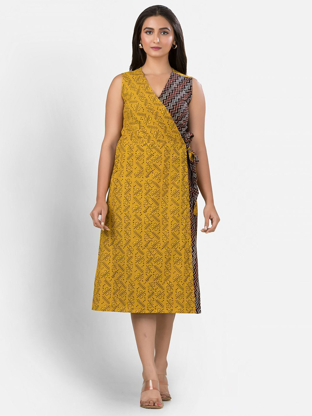Crazy Needle Yellow Ethnic Motifs Wrap Midi Dress