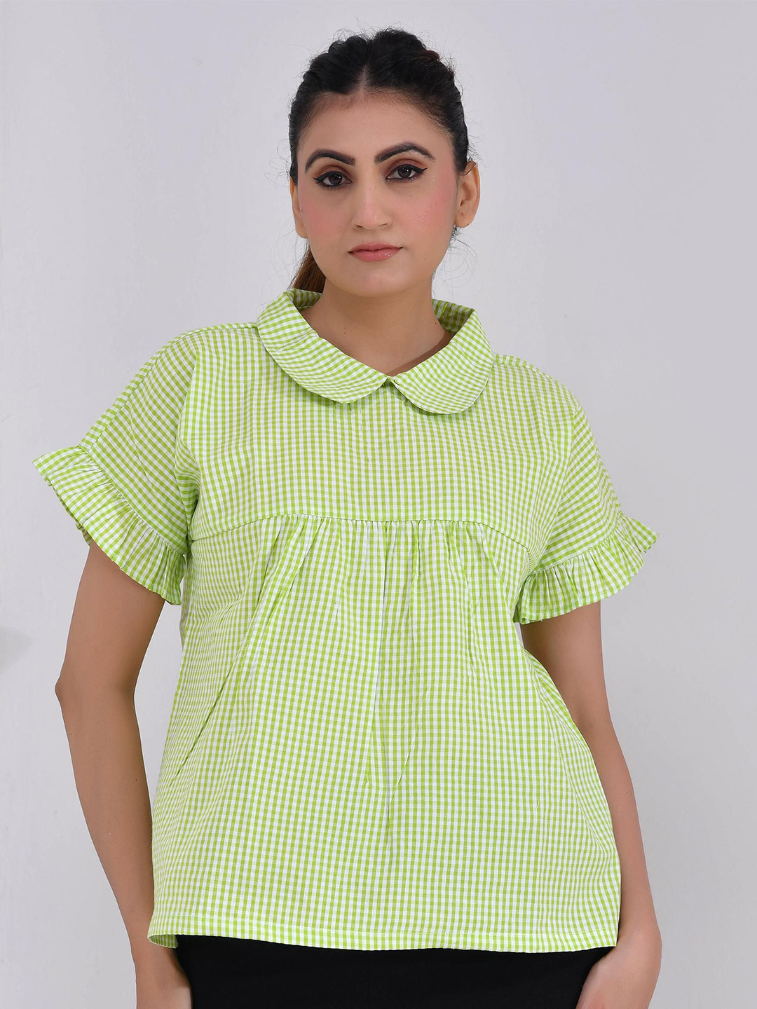 SIDDHO HUM Checked Peter Pan Collar Gathered or Pleated Cotton Empire Top
