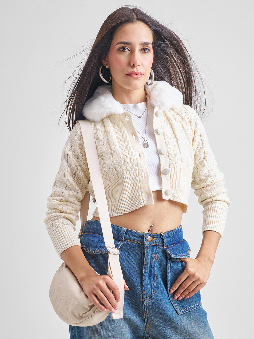 Tokyo Talkies White Cable Knit Crop Cardigan