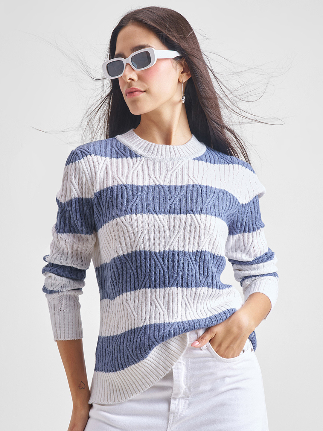 Tokyo Talkies Women Horizontal Striped Knitted Pullover Sweater