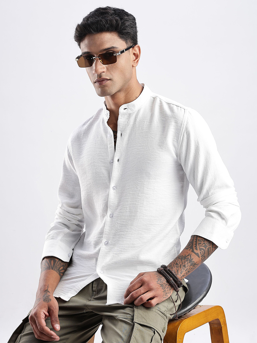 NEVER NEUD Men Milange Linen Look Regular Slim Fit Casual Shirt