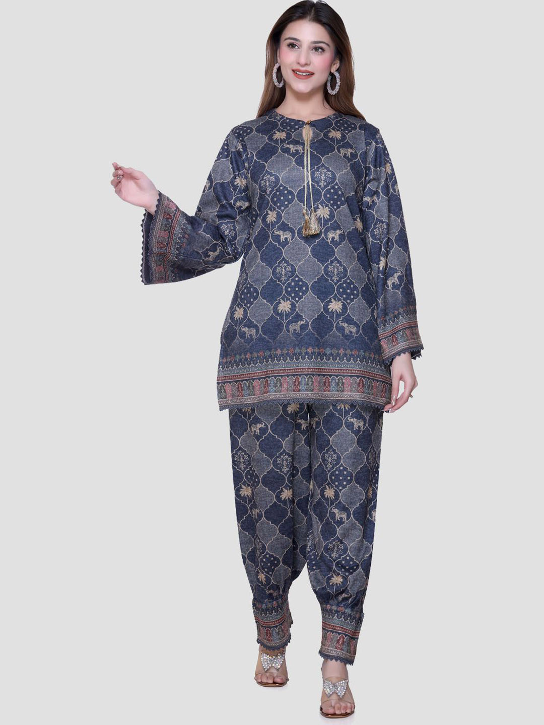 aarbee Printed Tie-Up Neck Tunic With Harem Pants