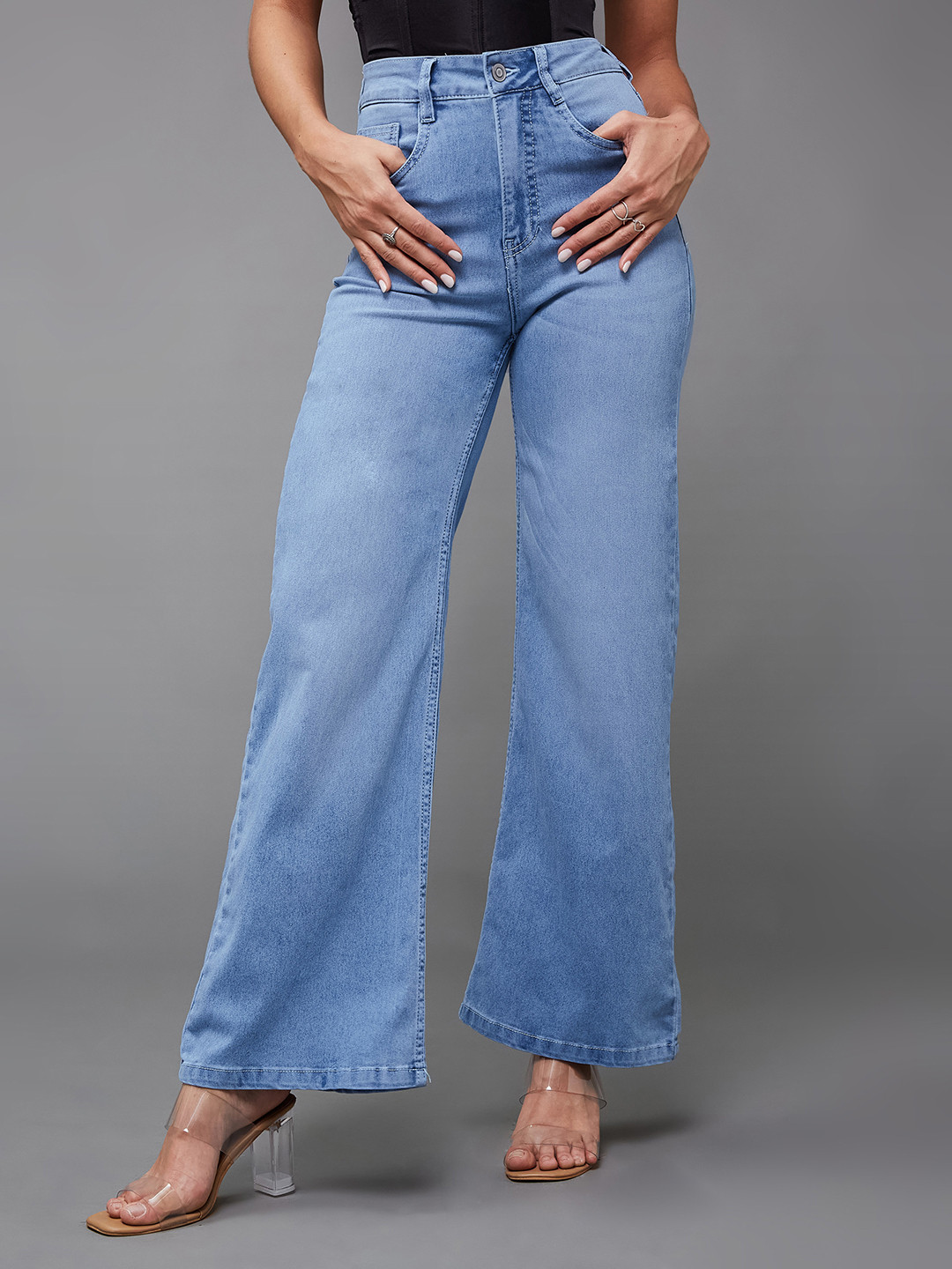 Miss Chase Women Wide Leg Shaping High-Rise Light Fade Stretchable Jeans