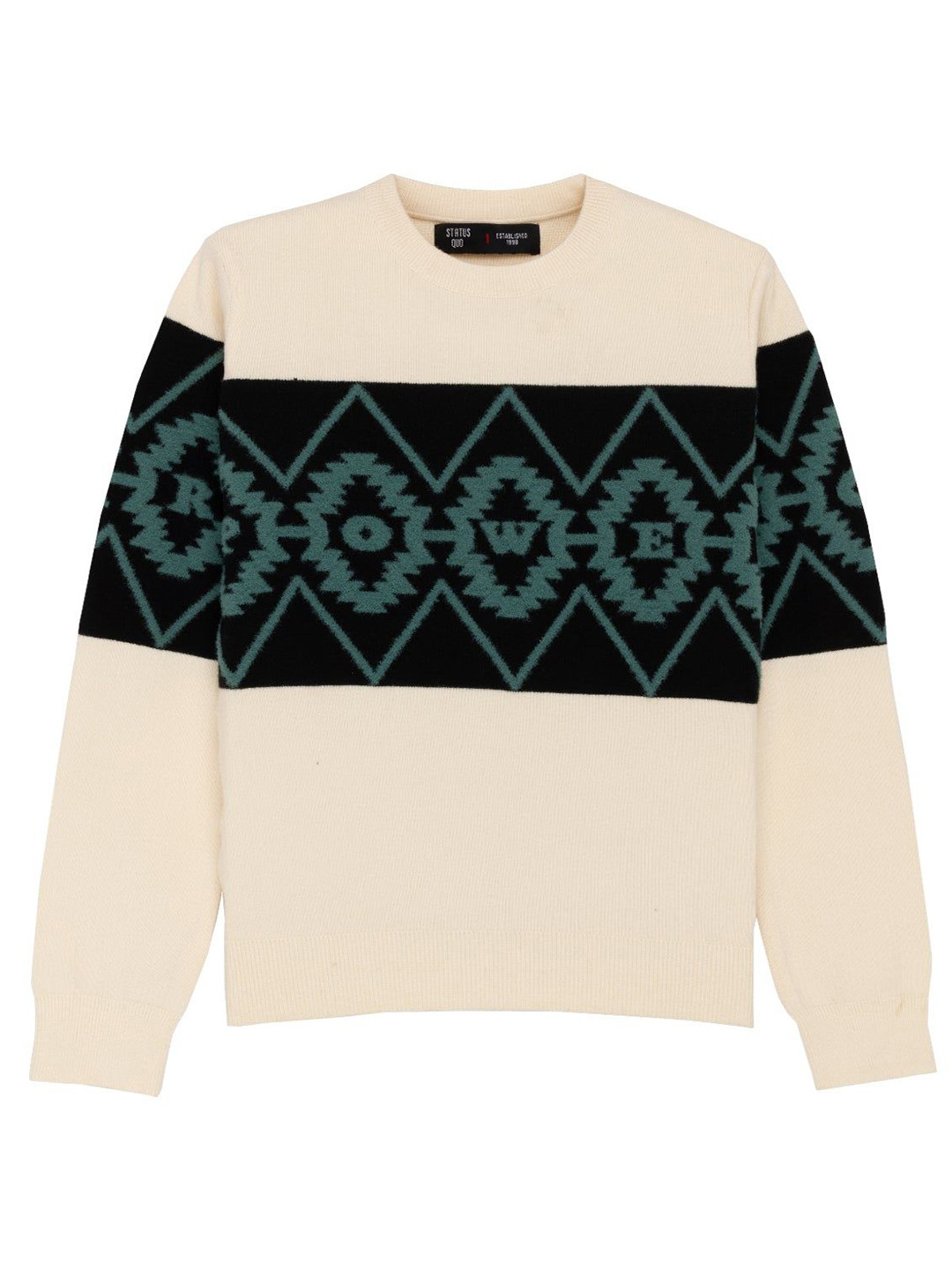 Status Quo Boys Geometric Typography Print Round Neck Sweater with Chest and Sleeve Design