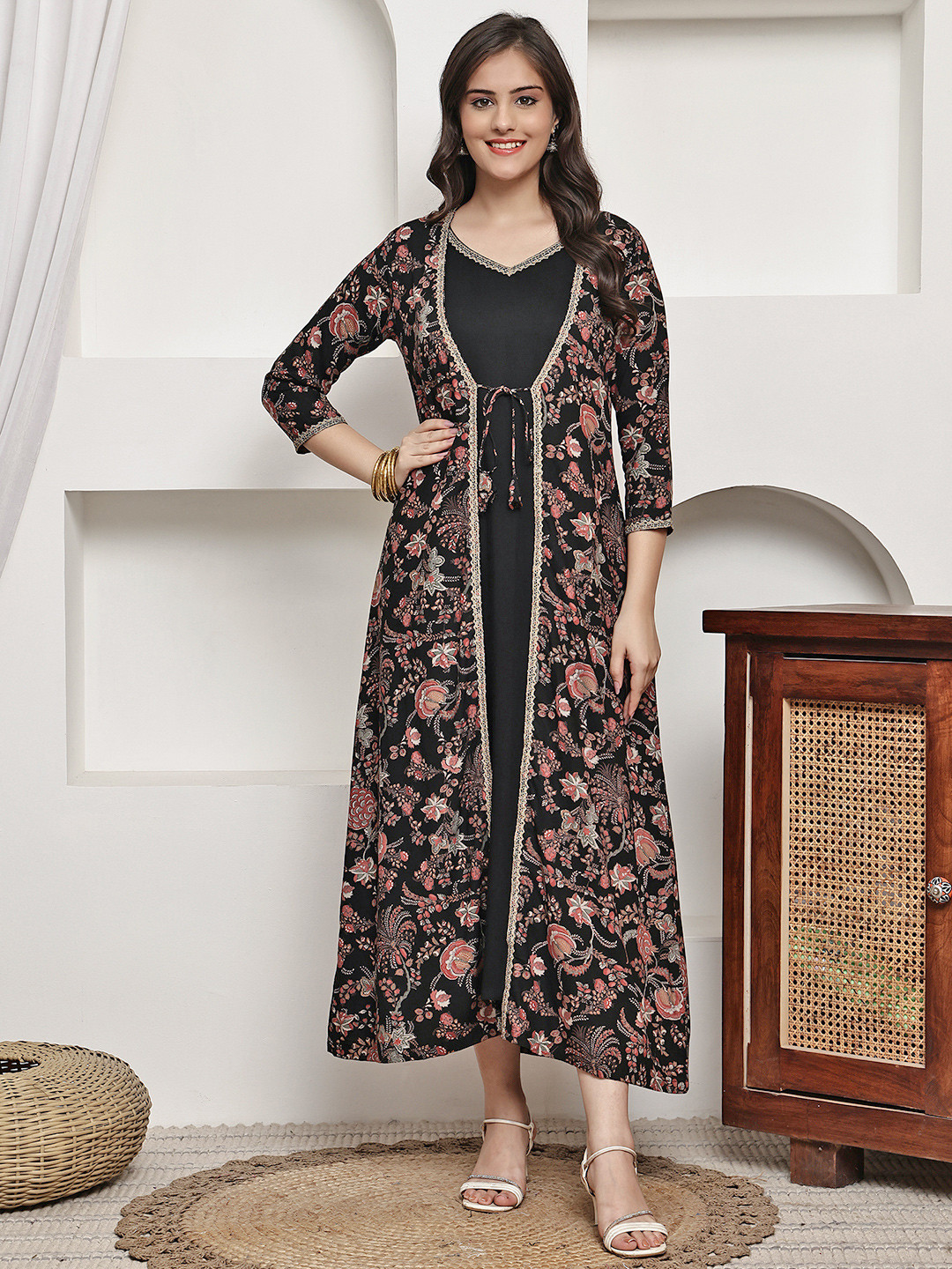 Claura Women A-Line V-Neck Sleeveless Maxi Ethnic Dresses With Printed Jacket