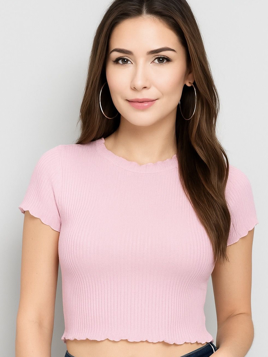 Velintis Women Pink Ribbed Crop Top with Round Neck