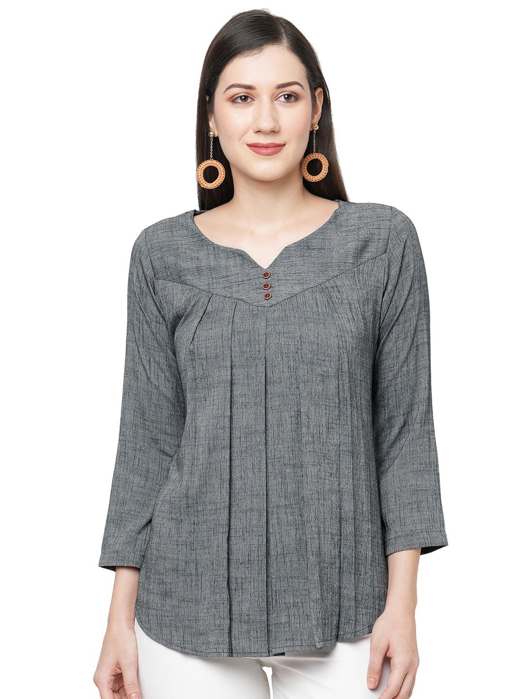 G0-4 IT Women Round Neck Three-Quarter Sleeves Pleated Tunic