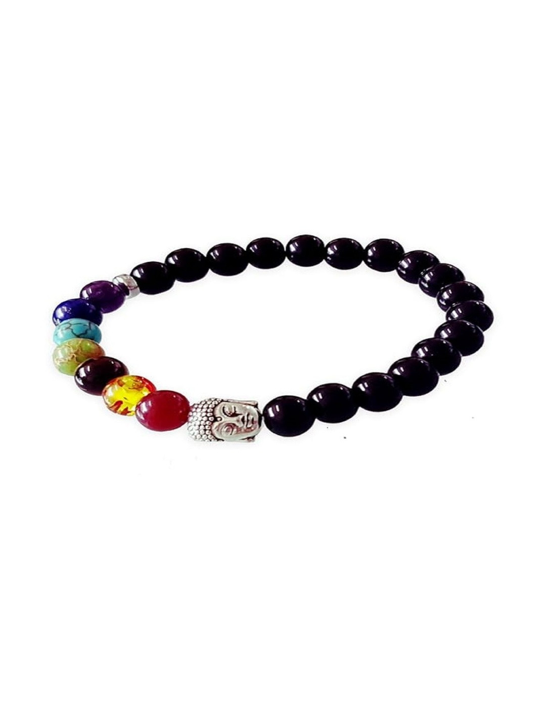 EPSAA Unisex Black Artificial Beads & Buddha Charm Metal Elasticated Slip On Bracelet
