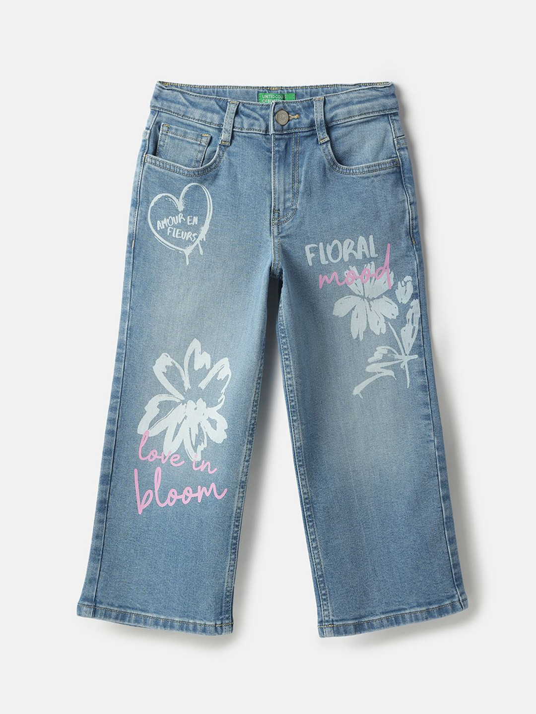 United Colors of Benetton Girls Comfort Floral Print Wide Leg Fit Denim Jeans