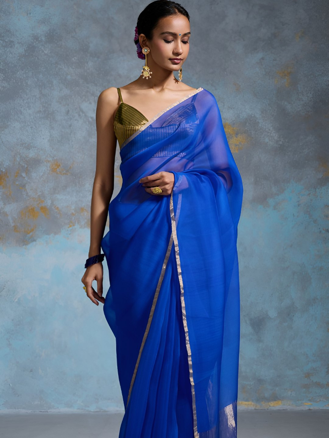 Dressfolk Cobalt Blue Handwoven Banarasi Organza Saree with Gold Zari Borders