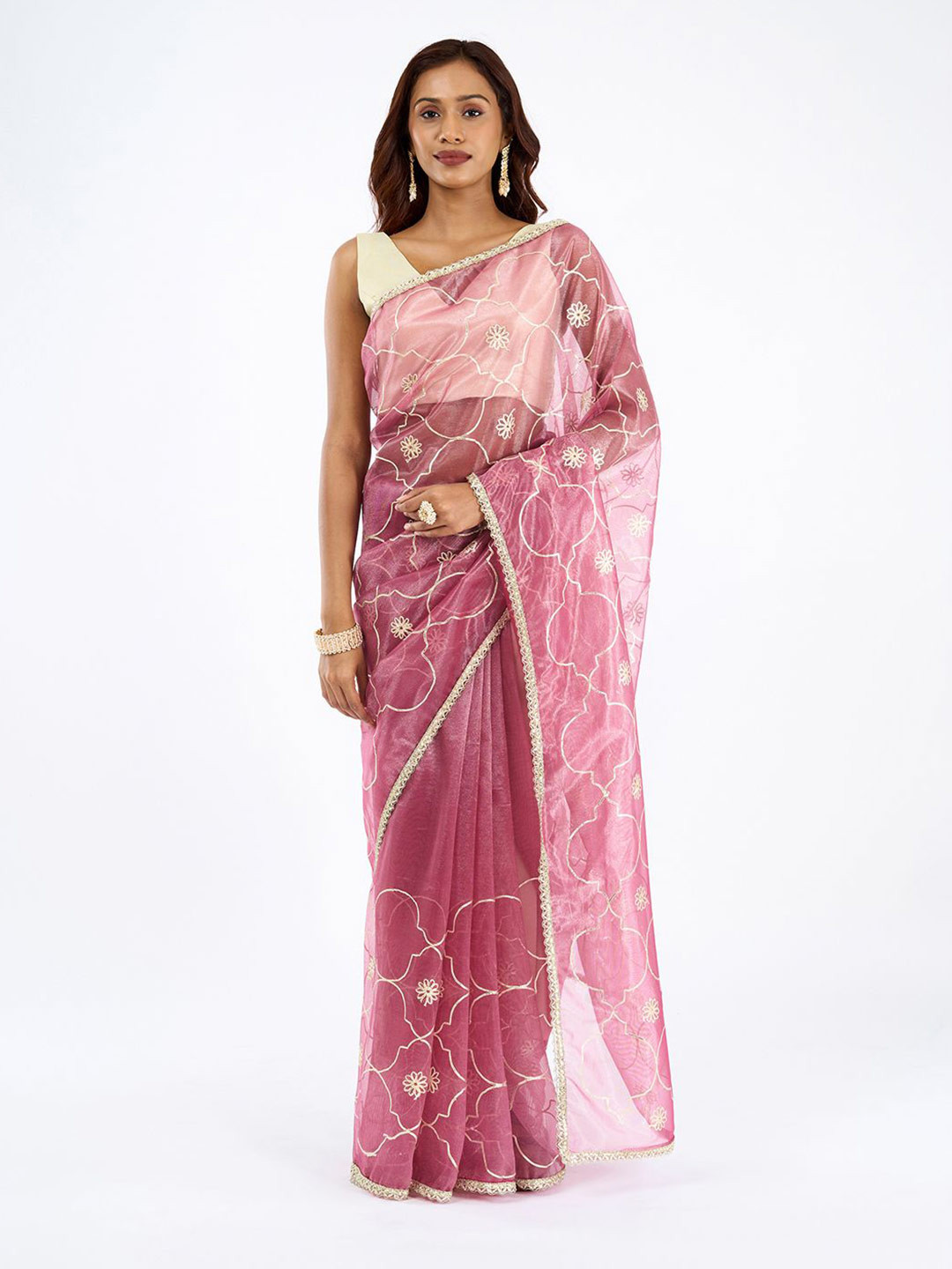 TEEJH Hriya Onion Pink Ethnic Motifs Gotta Patti Net Saree