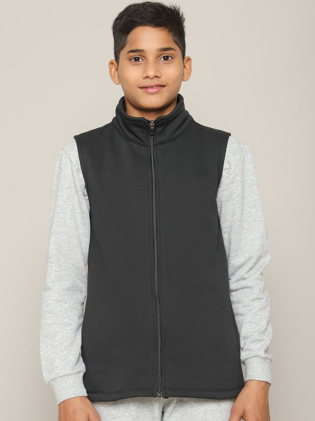 MOONAAH Boys Black Mock Collar Sleeveless Running Cotton Open Front Jacket