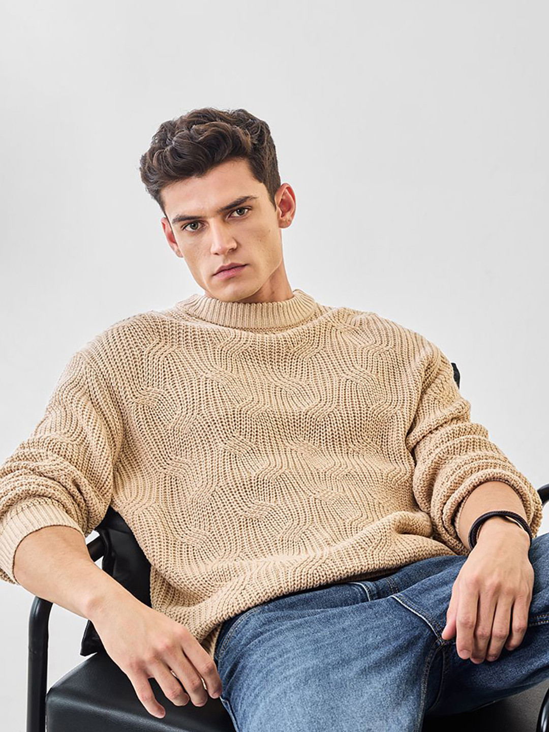 Snitch Men Beige Textured Sweaters