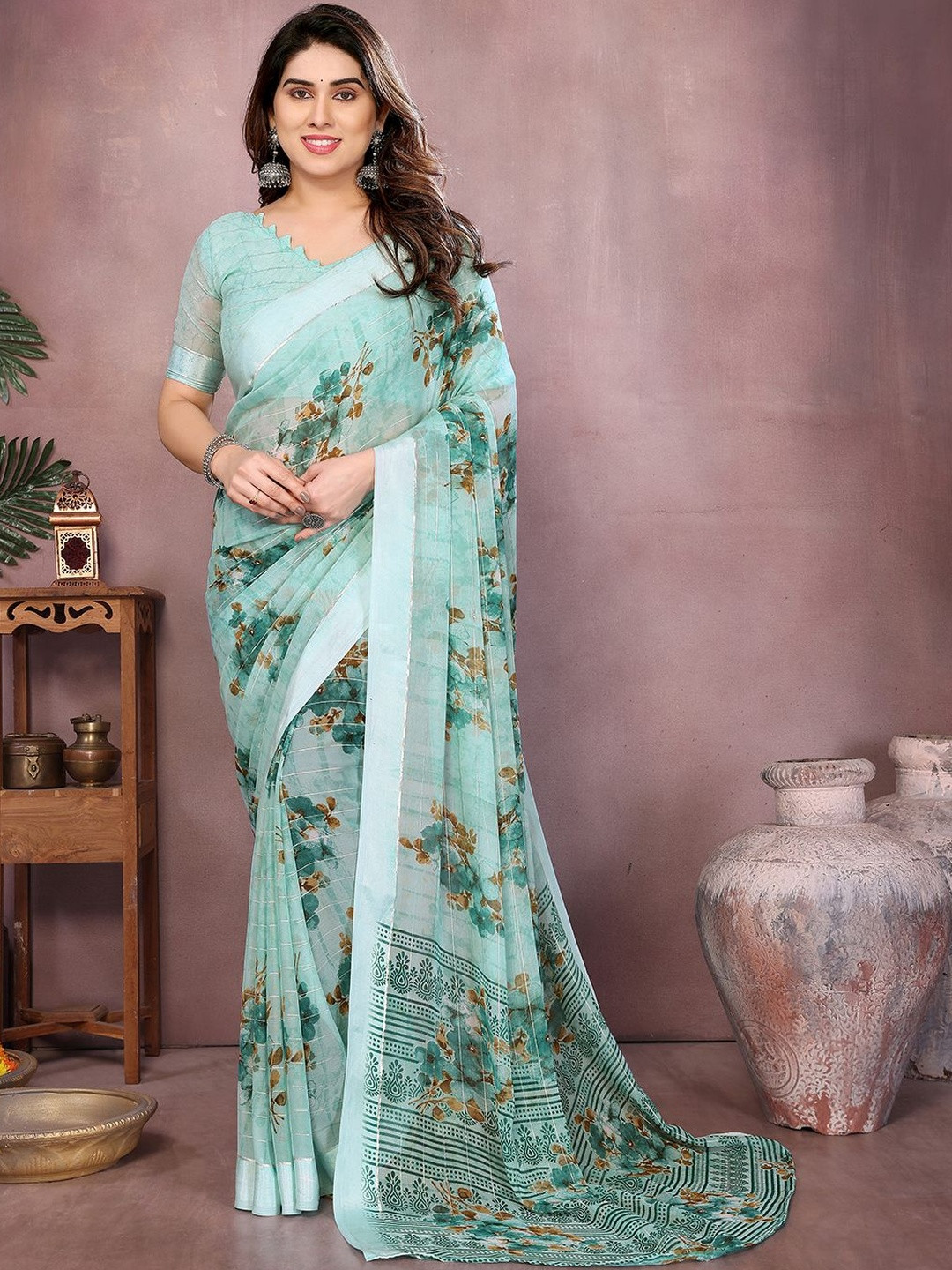 Moda Rapido Women Teal Blue Floral Poly Georgette Designer Saree
