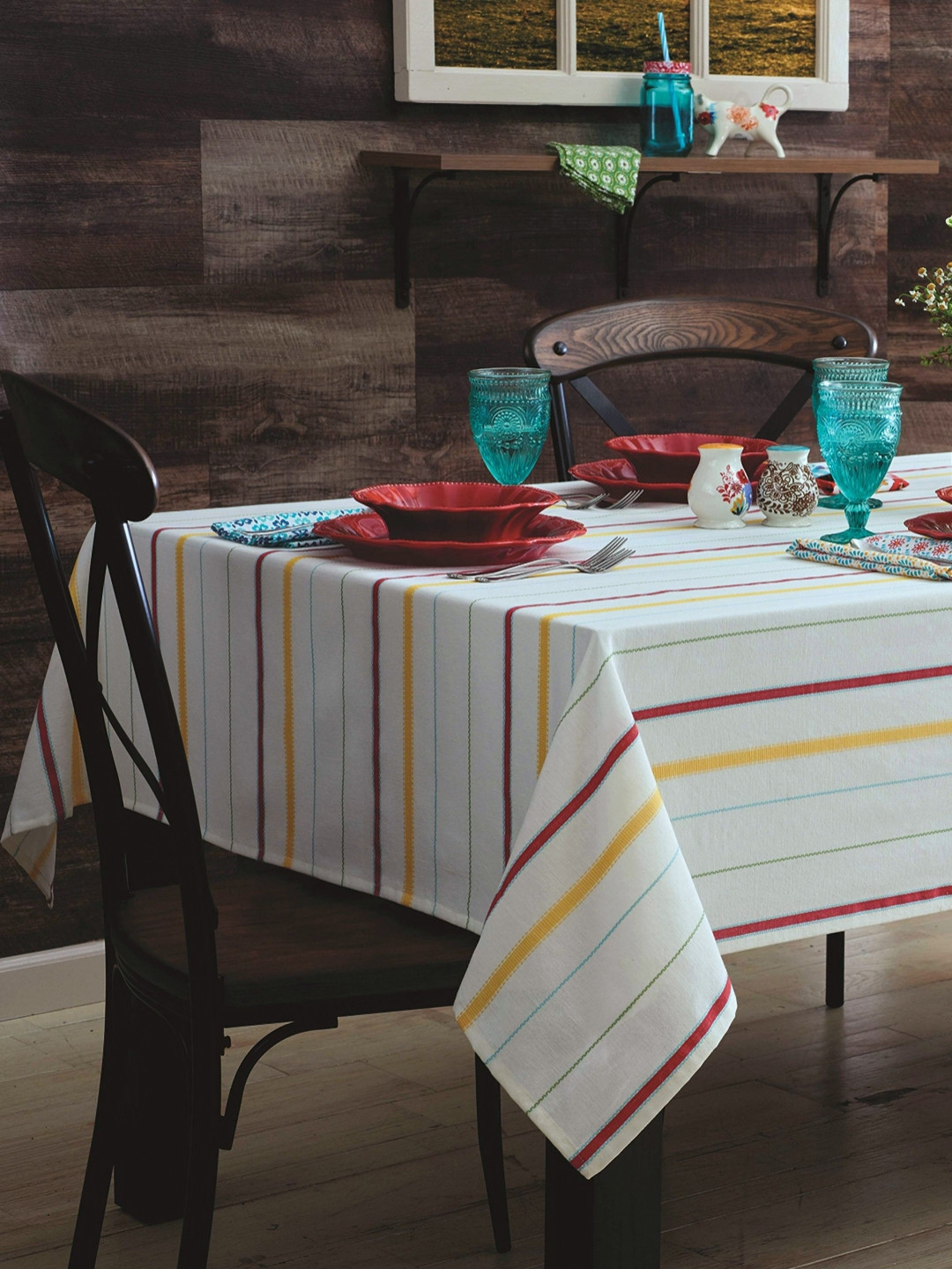 HOME COLORS.IN White Striped Cotton 8-Seater Table Cover with Embroidered details