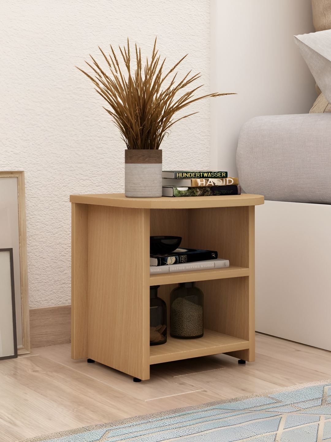 Crystal Furnitech Yellow Textured Wooden Rectangle Bedside Table