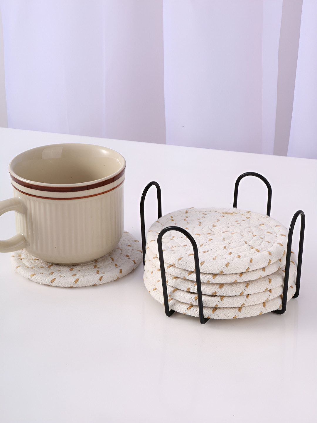 TIED RIBBONS Brown & White 6 Pieces Woven Design Round Cotton Coasters With Holders