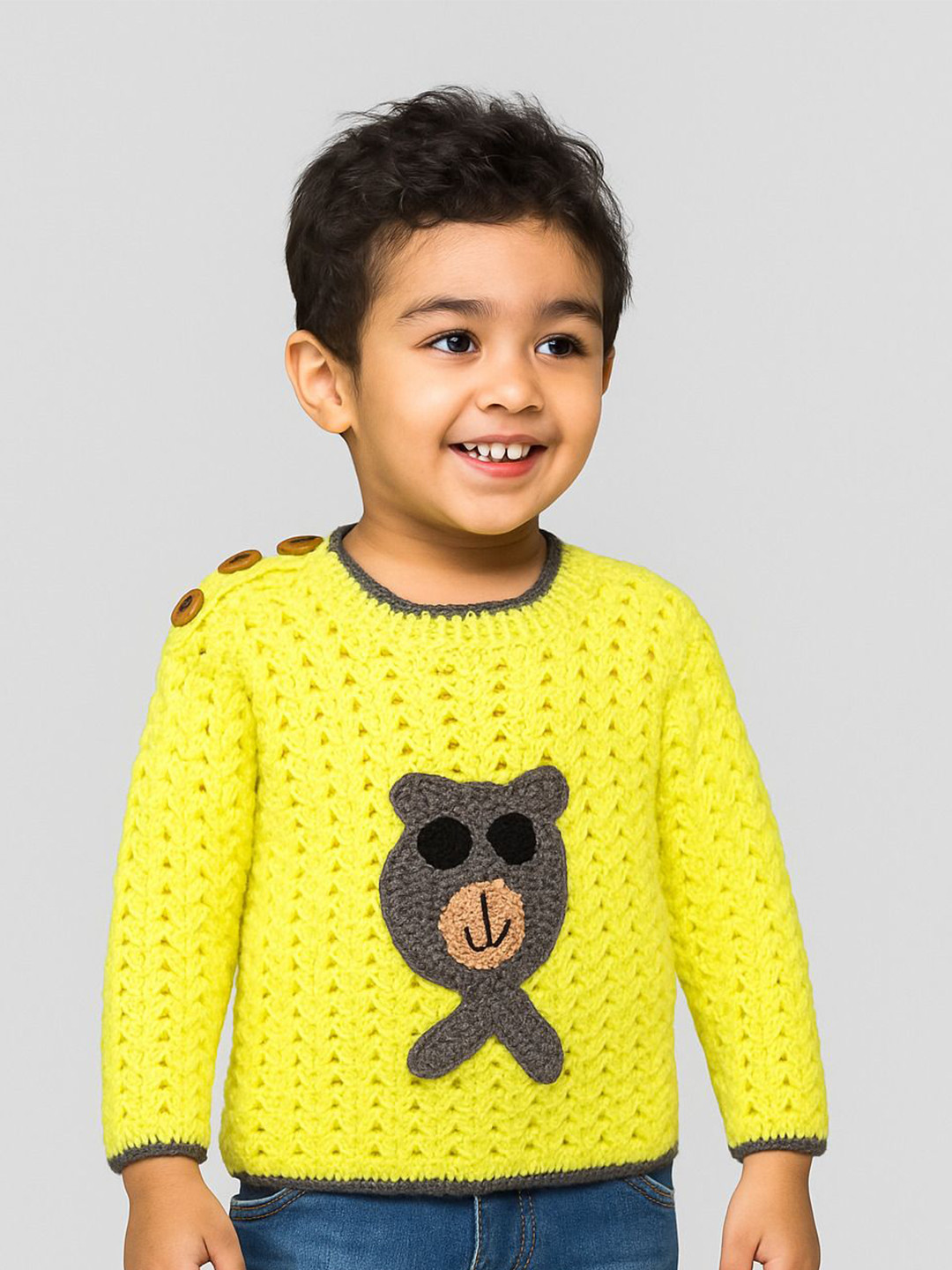 WINDROP SOLUTIONS Kids Cable Knit Round Neck Button Detail Woollen Pullover