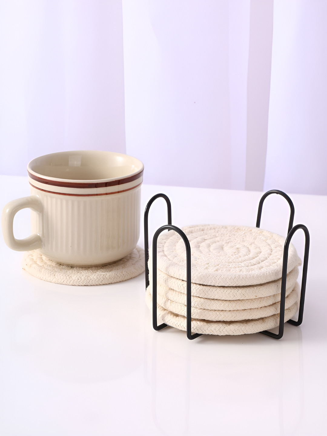 TIED RIBBONS Cream Coloured 6 Pieces Round Coasters With Holder