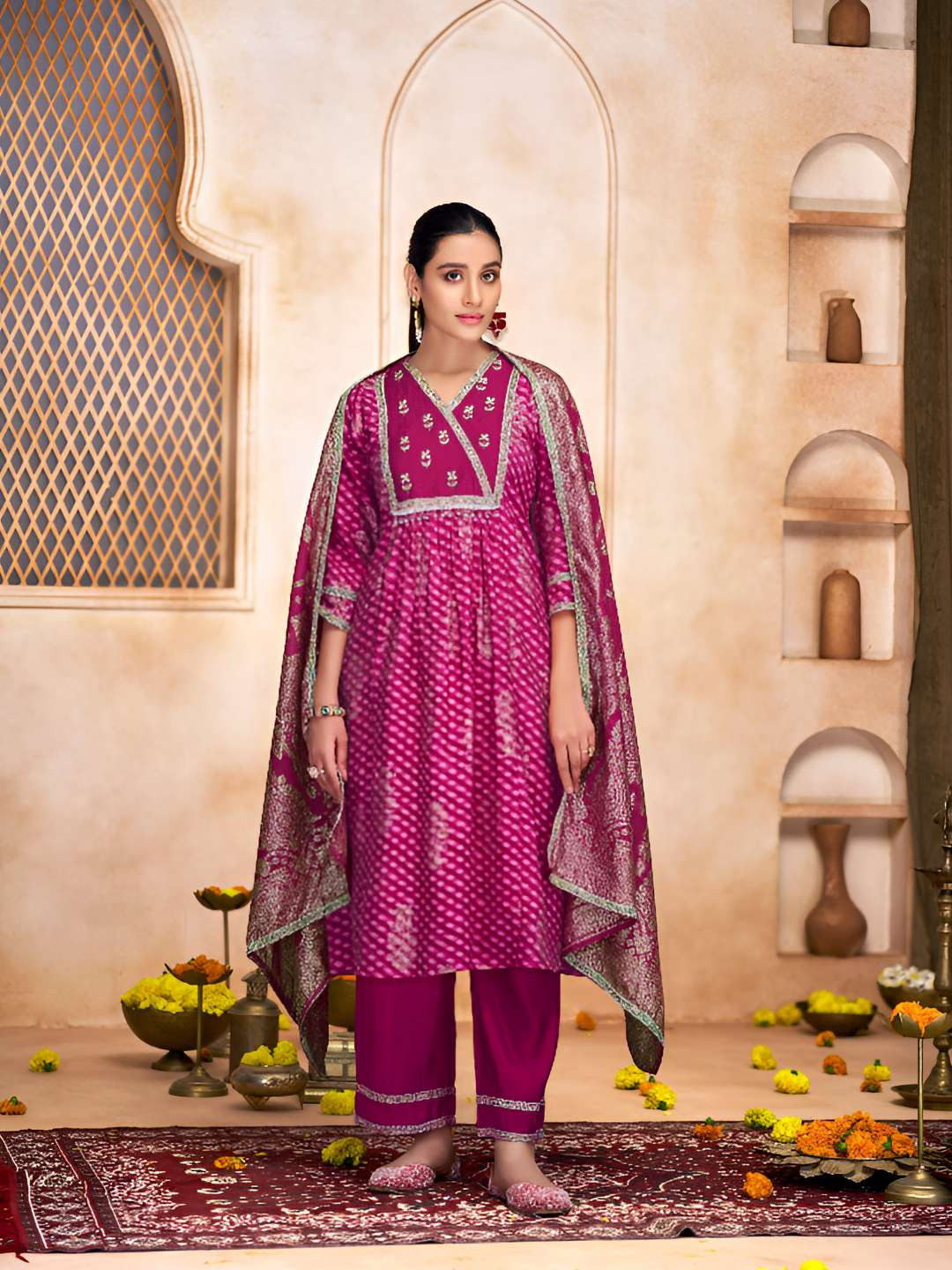 BulBul Women Bandhani Printed A-Line Kurta with Trousers & Dupatta